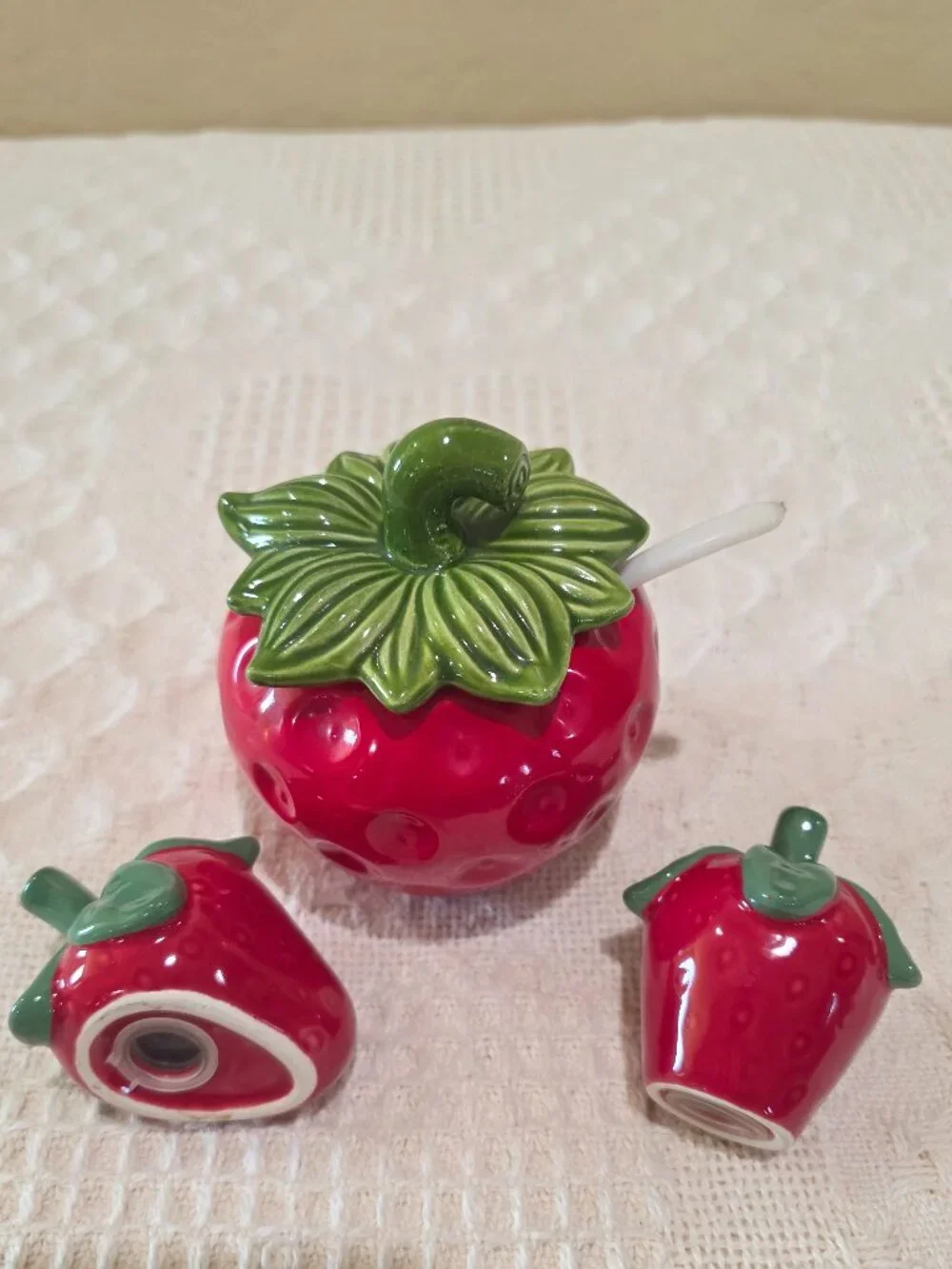 Vintage Brinn's Ceramic Strawberry Jam Jar and Salt & Pepper Shakers PA